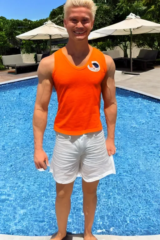 Image similar to a handsome man with blonde hair who is also a male android, ken, muscular, wearing a cut-off white crop top and short light orange shorts stands by a swimming pool, shiny skin, candid smile