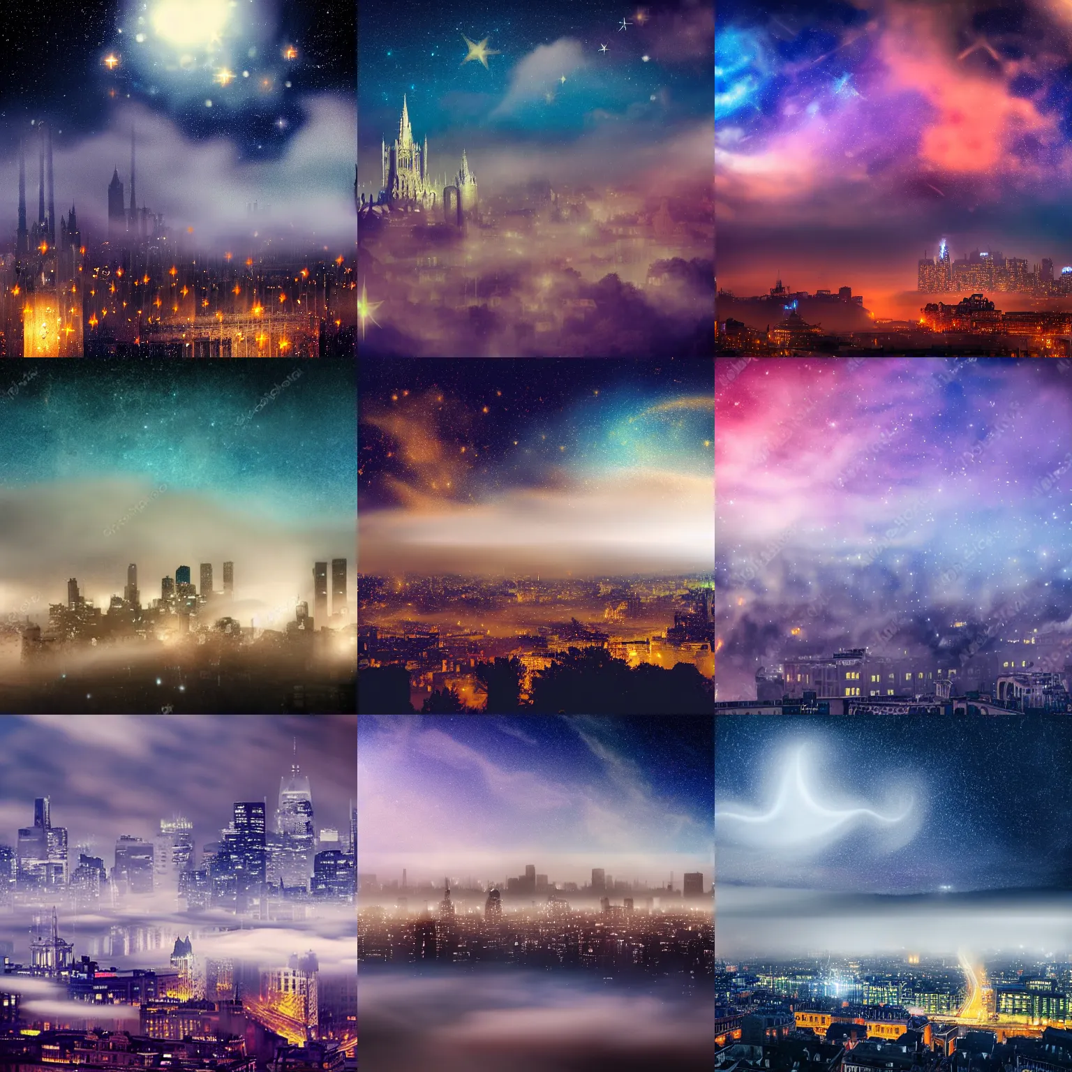 Prompt: swirls of mist and stars against a city backdrop, magical atmosphere