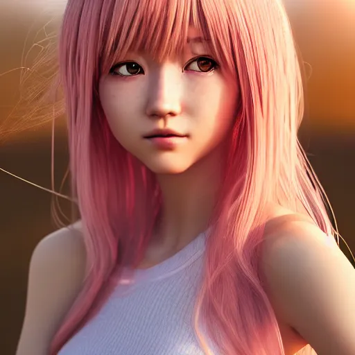 Prompt: Render of a beautiful 3d anime woman, long light pink hair, full bangs, hazel eyes, cute freckles, full round face, soft smile, Chinese heritage, cute checkerboard sundress, golden hour, serene beach setting, medium shot, mid-shot, hyperdetailed, trending on Artstation, Unreal Engine 4k