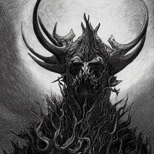 Prompt: full body grayscale drawing by Gustave Dore and Anato Finnstark of horned muscled humanoid demon, 3/4 view from below, engulfed in swirling flames