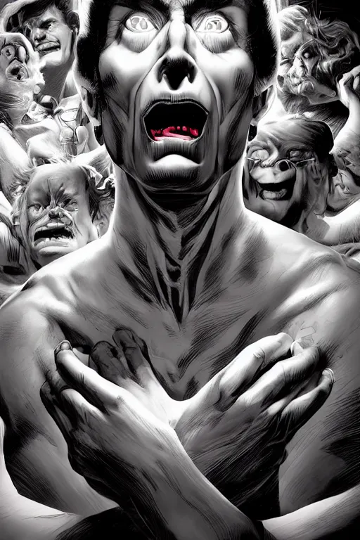 Image similar to aesthetic digital portrait of a handsome young man with a sinister grin by brian bolland, rachel birkett, alex ross, and neal adams | dark, intimidating, imposing, portrait, character concept, concept art, unreal engine, finalrender, centered, deviantart, artgerm