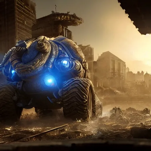 Image similar to a 'Blastoise Tank' in 'Gears of War', splash art, movie still, cinematic lighting, detailed face, dramatic, octane render, long lens, shallow depth of field, bokeh, anamorphic lens flare, 8k, hyper detailed, 35mm film grain