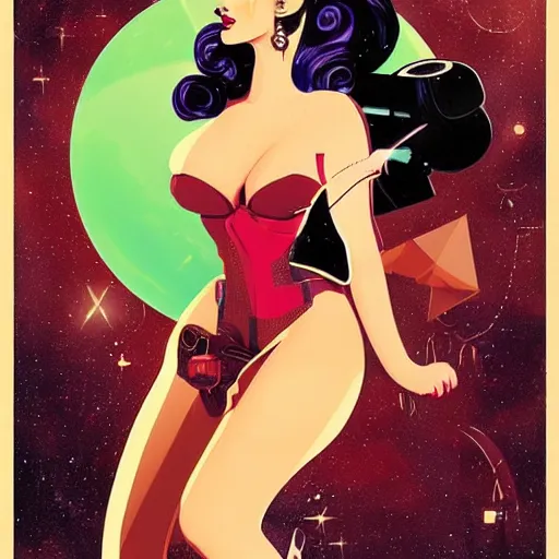 Prompt: a retro sci - fi pinup illustration of dita von teese in the style of anna dittmann and in the style of alex maleev.