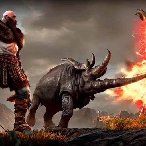 Image similar to screenshot of the game God of War with Kratos fighing a Rhinoceros beetle kaiju | Sony Pictures official media