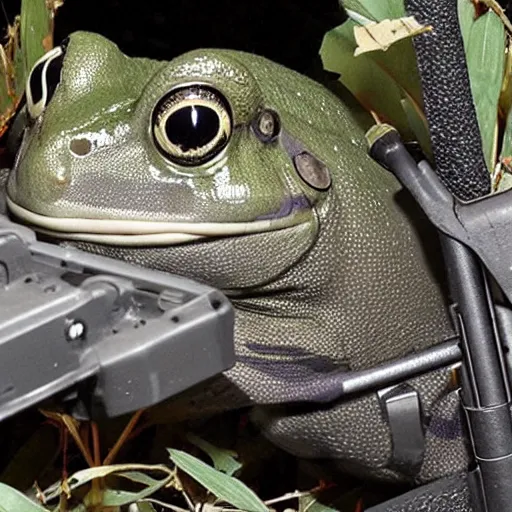 Image similar to a rare military frog equipped with rocket launcher and night vision target acquisition system, photo from janes weekly