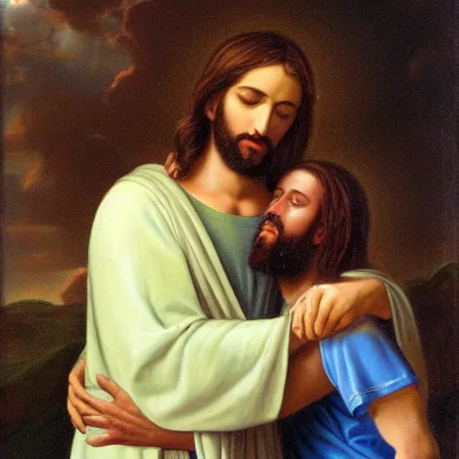 Image similar to jesus hugs a devotee