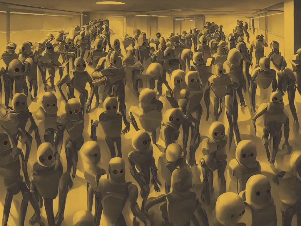 Image similar to authoritarian robot cops herd young men into security cells in a fascist police state, art by manuel sanjuian and george tooker and james paick, cinematic, spooky science fiction, digital illustration, 8 k resolution, hyperrealism