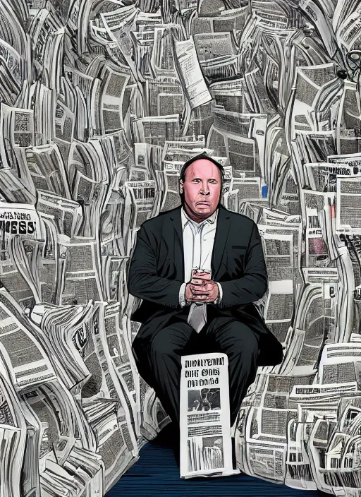 Image similar to sad alex jones surrounded by newspapers in a dark murky room, highdetailed illustration