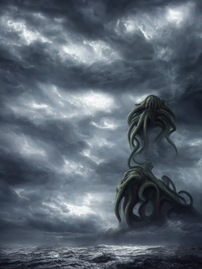 Image similar to Cthulhu rising from a stormy sea, towering over the coastline during a thunderstorm, dramatic, ominous clouds, ground mist, featured on artstation, 4k