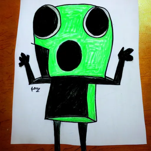 Image similar to a children's drawing of invader zim, crayon, paper,