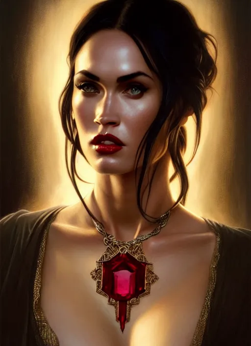 Image similar to portrait of megan fox as a vampire queen, jewelry, greek, ruby, intricate, headshot, highly detailed, digital painting, artstation, concept art, sharp focus, cinematic lighting, illustration, art by artgerm and greg rutkowski, alphonse mucha, cgsociety