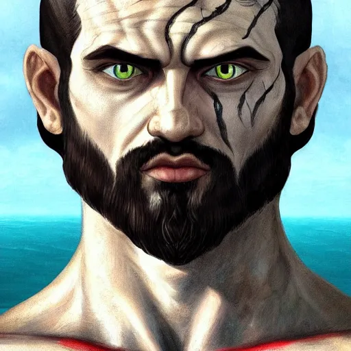 Image similar to painted portrait of rugged godly man in the ocean, god of war, black hair, masculine, powerful, handsome, upper body, white robe, muscular, extremely hairy torso!, fantasy, intricate, scar across eye, highly detailed!!, digital painting!, artstation, concept art, smooth, sharp focus!!!, illustration, art by leonardo da vinci