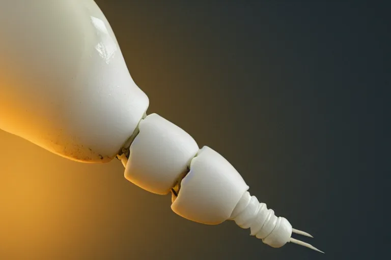 Prompt: a white grub with big scary mandibles and a glowing lightbulb tail, high resolution film still, HDR color, 8k