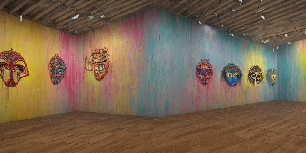 Image similar to A hyper realistic photography of an exhibition space with indigenous masks and dripping colors on the wall, photorealistic, 8k render