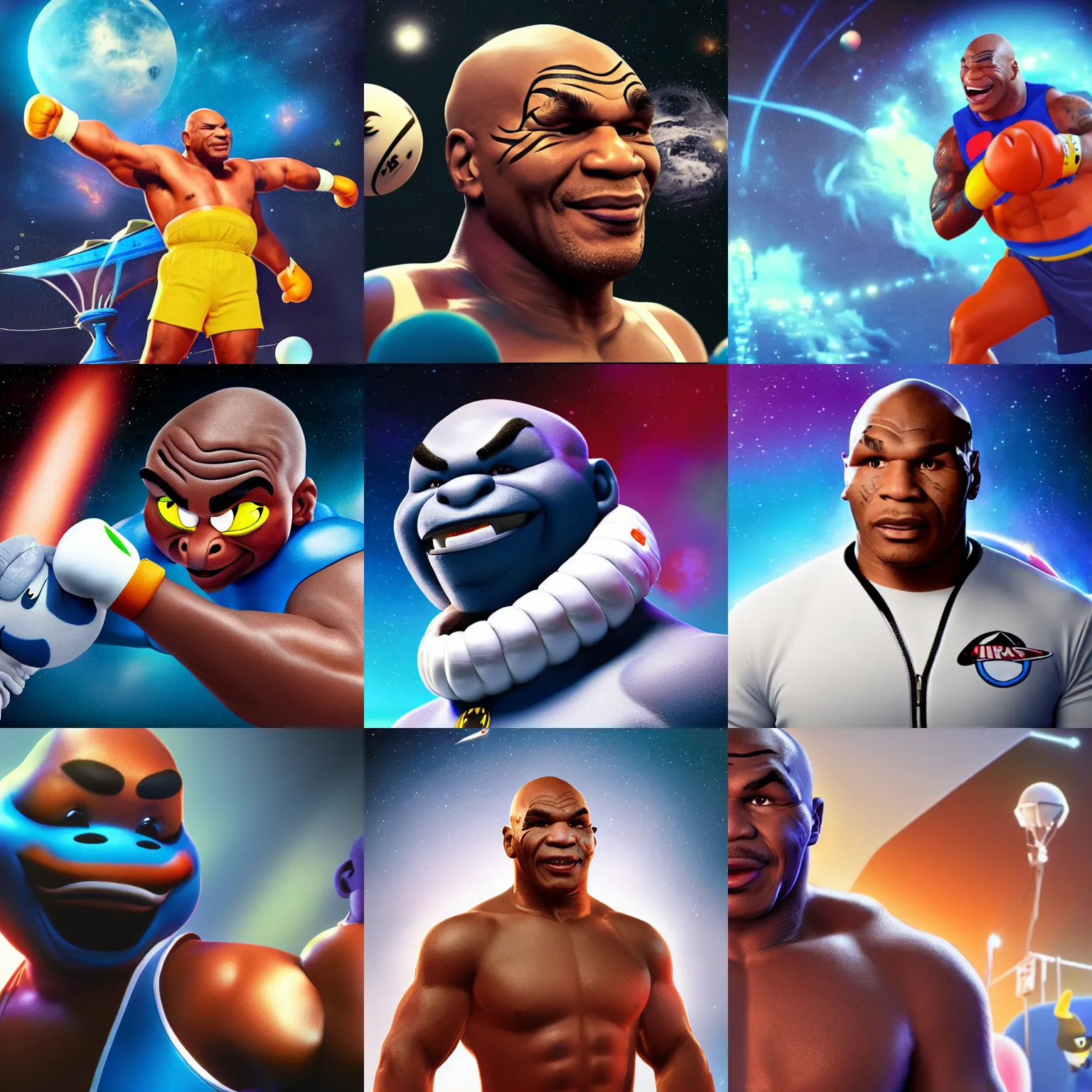 Prompt: Mike Tyson in Space Jam Movie, High quality illustration, trending on artstation, octane render, 4k, Pixar rendering,