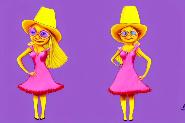 Prompt: detailed flat 2 d : showgirl marten character : wearing jewelry : wearing a pink dress : wearing yellow hat : head torso legs feet : lorax movie : artstation