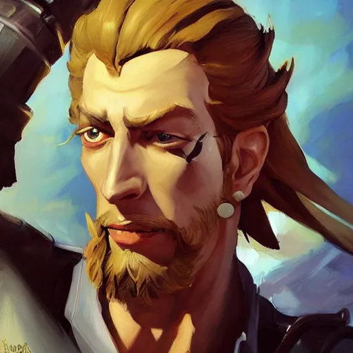 Image similar to greg manchess portrait painting of partially armored undead pirate captain guybrush threepwood as overwatch character, medium shot, asymmetrical, profile picture, organic painting, sunny day, matte painting, bold shapes, hard edges, street art, trending on artstation, by huang guangjian, gil elvgren, ruan jia, greg rutkowski, gaston bussiere