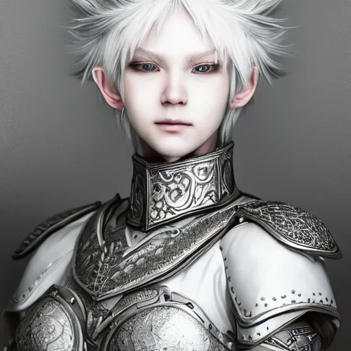 Image similar to studio portrait of albino snow elf archer in an ornate silver armour, handsome, elegant, ultrafine hyperrealistic detailed face illustration by kim jung gi, irakli nadar, intricate linework, sharp focus, bright colors, matte, octopath traveler, final fantasy, unreal engine highly rendered, global illumination, radiant light, intricate environment