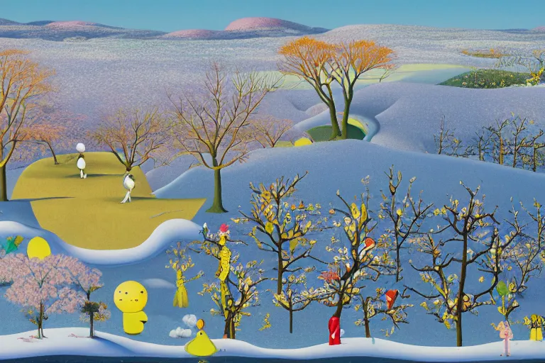 Image similar to A barren winter landscape by Chiho Aoshima and Salvador Dali