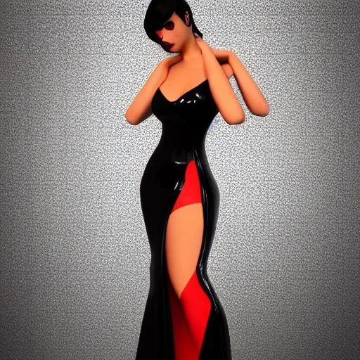 Image similar to curvy feminine hot goth cutie in a sublime elegant polished sequined black latex neck-high or tube-top floor length gown with red trim, thin waist, cgsociety, photorealistic, comfy ambience, idealistic, 16k, smooth, sharp focus, trending on ArtStation, volumetric lighting, fully clothed, worksafe