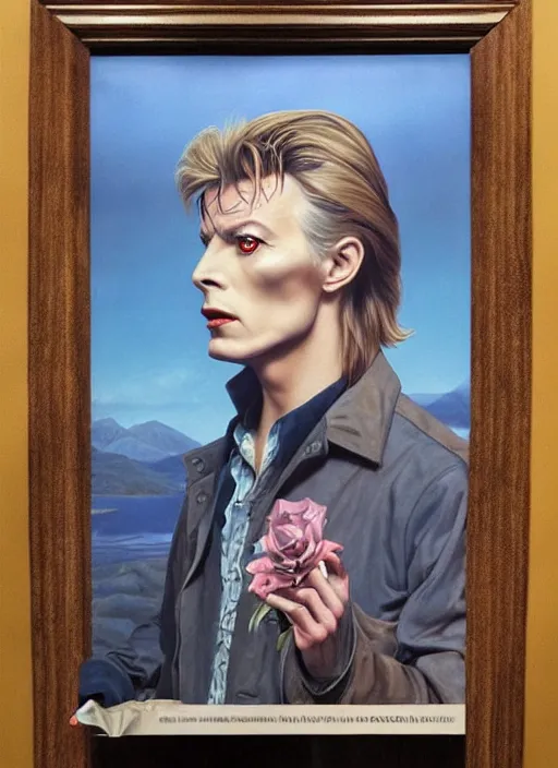 Image similar to twin peaks poster art, portrait of david bowie large blue rose looms over him, by michael whelan, rossetti bouguereau, artgerm, retro, nostalgic, old fashioned