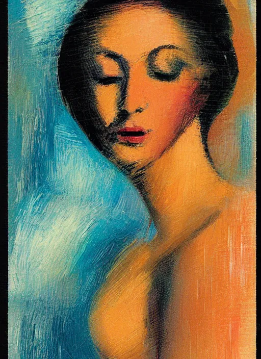 Image similar to an extreme close - up abstract portrait of a lady enshrouded in an impressionist representation of mother nature and the meaning of life by igor scherbakov, abstract, thick visible brush strokes, figure painting by anthony cudahy and rae klein, vintage postcard illustration, minimalist cover art by mitchell hooks