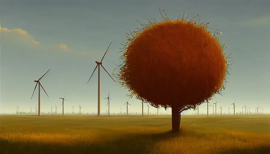Prompt: big field of wind mills, early morning sun in the sky, one tree, simon stalenhag