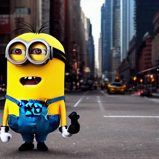 Image similar to 4 k instagram photo of a huge minion walking in new york city