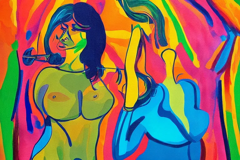 Prompt: painting of curvy sweating woman dancing in a club in the 70's by Johannes Grutzke