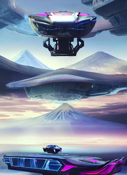 Image similar to a futuristic crystal - solarpunk tesla cyber truck vehicle hover craft in the future of 2 0 8 9 futuristic version, cyberpunk look. digital art. trending on artstation. cyberpunk look hovering by mount fuji early in the morning with a few blossom trees around, high quality photo