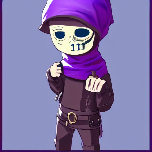 Image similar to cute little boy wearing an skull mask and dressed in an nun outfit, purple color palette, artwork made in western cartoon art syle, inspired in made in abyss and hirohiko araki, ray tracing, soft details