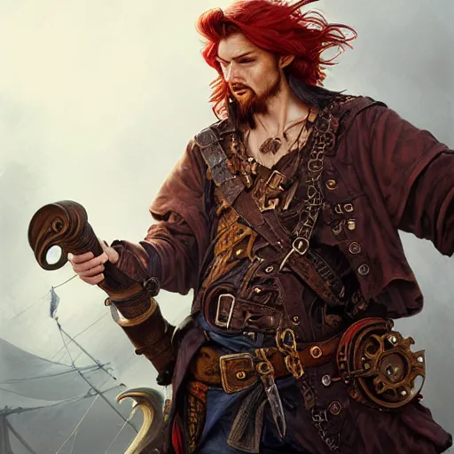 Prompt: portrait of a young rugged pirate, male, handsome, masculine, full body, red hair, long hair, d & d, fantasy, intricate, elegant, highly detailed, steampunk, airship, digital painting, artstation, concept art, matte, sharp focus, illustration, art by artgerm and greg rutkowski and alphonse mucha