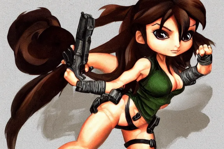 Prompt: Chibi version of Lara Croft in the style of Boris Vallejo