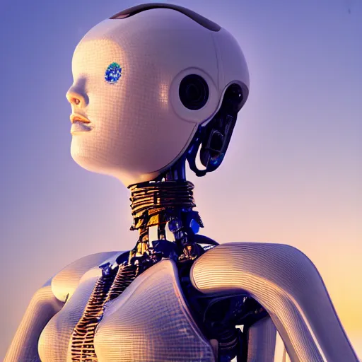 Prompt: beautiful Fine art photography of a solarpunk part robot part human girl with real human face and reap torso, white background, highly detailed, medium shot, photorealism, sunset lighting 8k