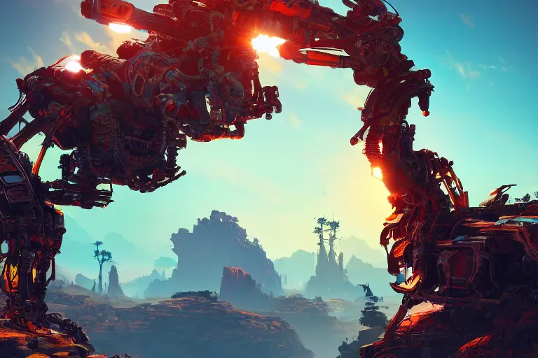 Image similar to scorcher machine mecanical creature robot of horizon forbidden west horizon zero dawn radiating a glowing aura global illumination ray tracing hdr fanart arstation by ian pesty and alena aenami artworks in 4 k