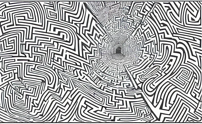 Prompt: chunky bold maze linework highly detailed optical illusion escher