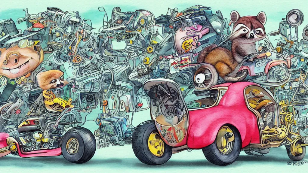 Image similar to cute and funny, racoon riding in a tiny hot rod coupe, ratfink style by ed roth, centered award winning watercolor pen illustration, isometric illustration by chihiro iwasaki, edited by range murata