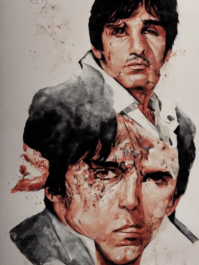 Image similar to medium shot. cogerent eyes. detailed face. tony montana from movie scarface. poster colors