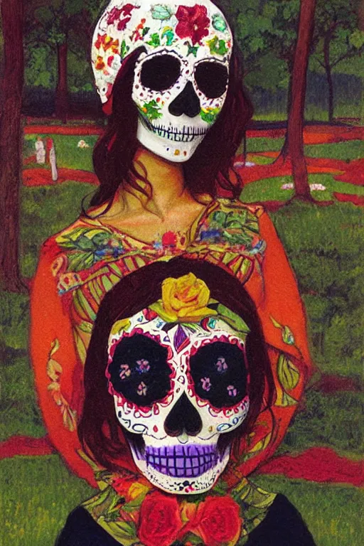 Image similar to Illustration of a sugar skull day of the dead girl, art by daniel garber