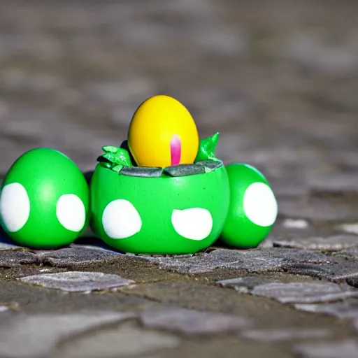 Image similar to cute yoshi egg, outside, detailed photo, tilt shift