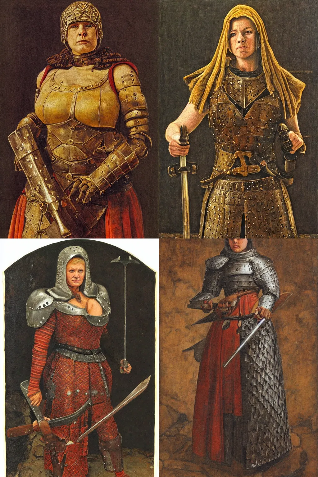 Prompt: portrait | large and strong medieval woman wearing brigandine armor and a heavy hammer | style of johfra bosschart