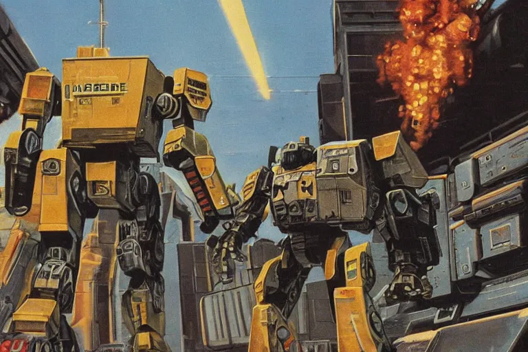 Image similar to 1 9 7 9 science fiction focusing on mechwarrior posing at street level in with beautiful scenery. depth of field art by tim conrad and vic bonilla