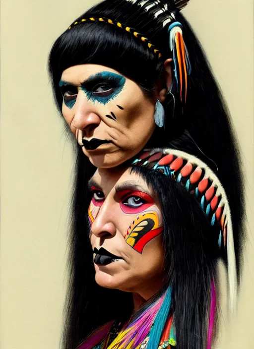 Image similar to portrait of a native american woman with a crooked nose and a confident expression, 1 9 6 0 s, black clothes, goth, punk, brightly coloured hair, funk, intricate, elegant, highly detailed, digital painting, artstation, concept art, smooth, sharp focus, illustration, art by wlop, mars ravelo and greg rutkowski