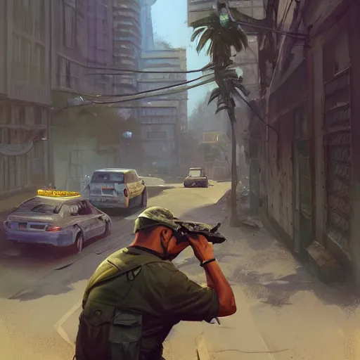 Prompt: A US soldier eating crayons as a grand theft auto 5 loading screen, art by Andreas Rocha and greg rutkowski, highly detailed, digital painting, matte painting, concept art, illustration, dim lighting, trending on artstation, very detailed