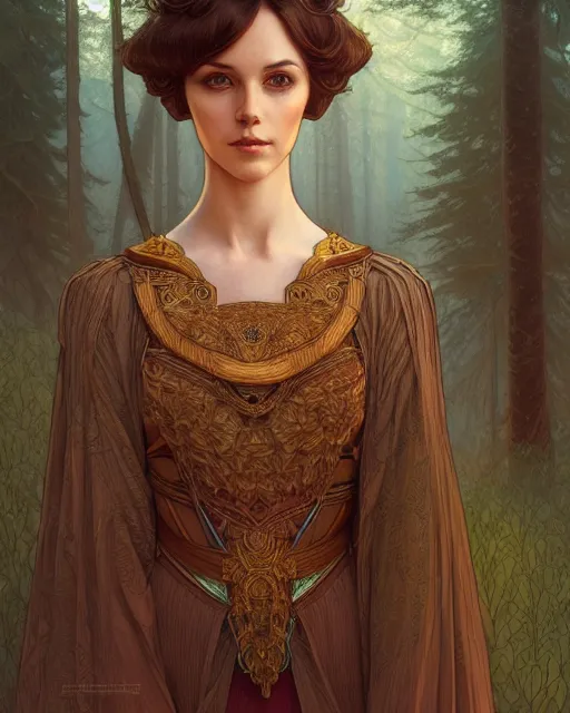 Image similar to symmetry portrait of welsh brunette princess with short hair, mans tunic, forest background, intricate, elegant, highly detailed, digital painting, artstation, concept art, smooth, sharp focus, illustration, art by artgerm and greg rutkowski and fra angelico and alphons mucha