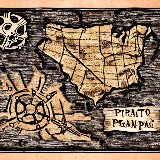 Image similar to scan of an old torn treasure map, pirates treasure map, hand drawn