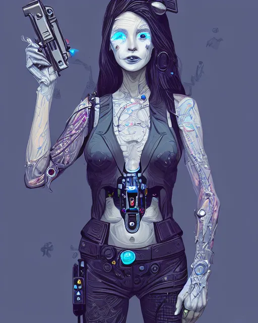 Prompt: A cybernetic witch wielding two Glock pistols, bust shot, smooth, intricate, elegant, power aura, digital painting, artstation, concept art, high tech fantasy, sharp focus, illustration, art by James Jean