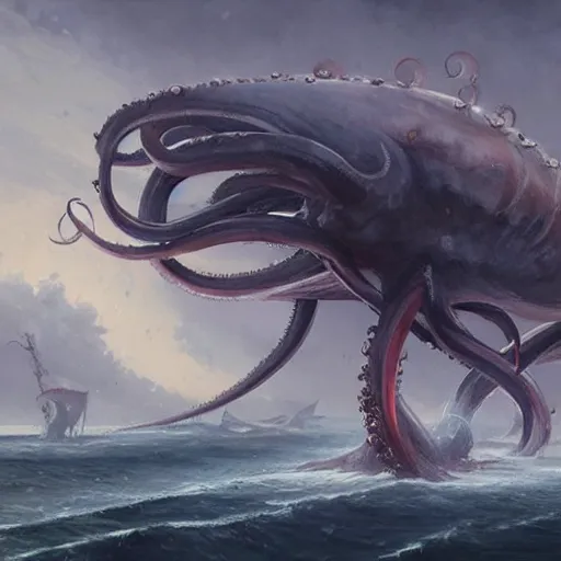 Prompt: a giant squid with bulging eyes, tentacles rising from the sea, exploded ship, magic the gathering art, art by greg rutkowski, fantasy rpg, league of legends