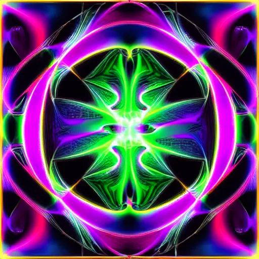 Image similar to highly reflective fractal shape. neon colours. fog