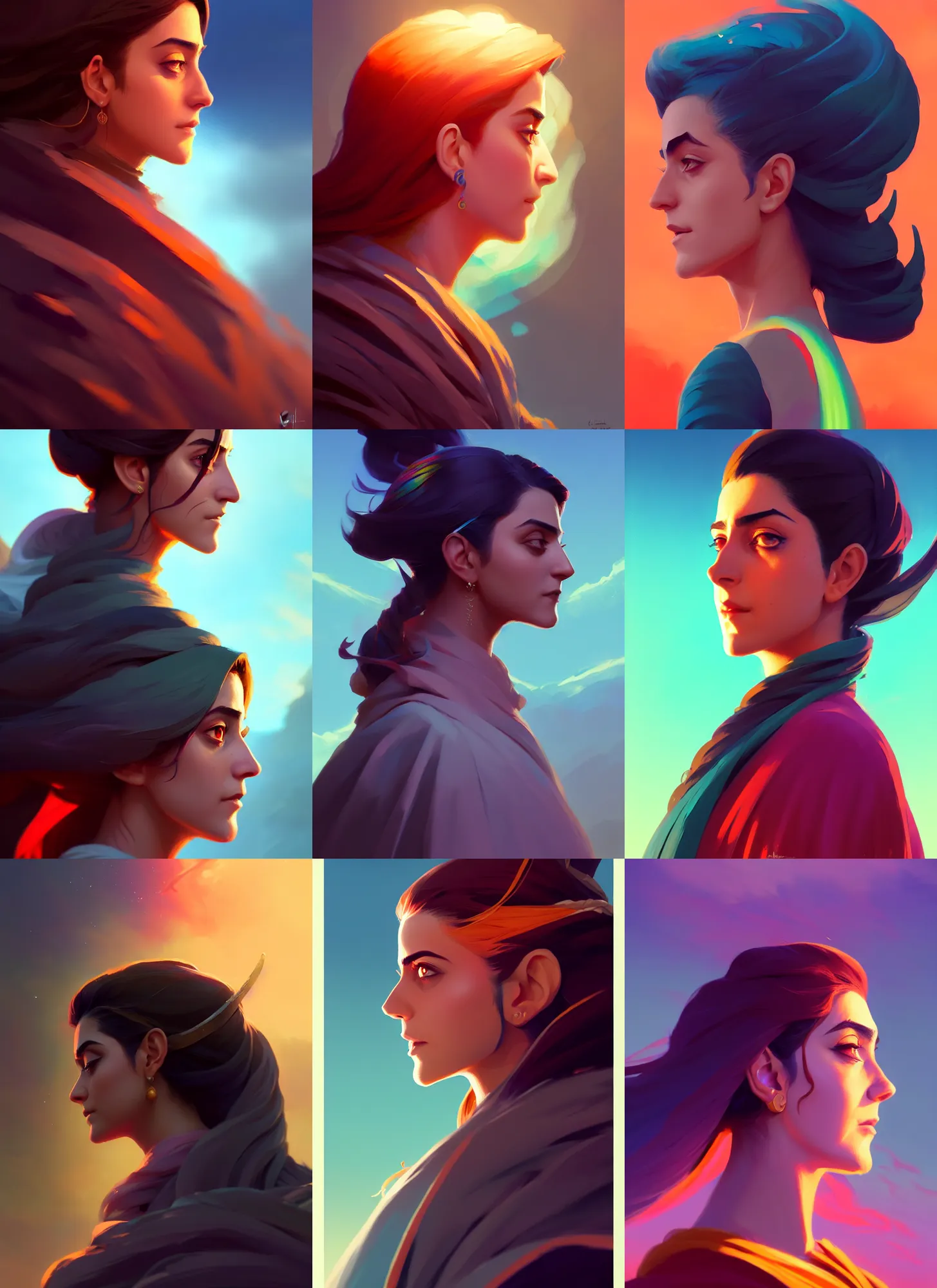 Prompt: side profile centered painted portrait, Maya Ali as a wind sorcerer, D&D, matte painting concept art, beautifully backlit, official fanart, colourful, by and ilya kuvshinov and Cushart Krentz and Gilleard James, 4k, HDR, Trending on artstation, Behance, award winning